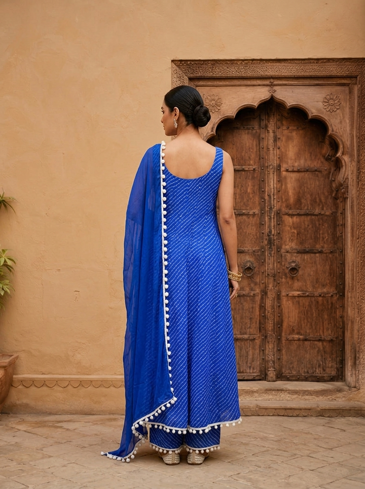Royal Blue Georgette Leheriya Printed Three Piece Set