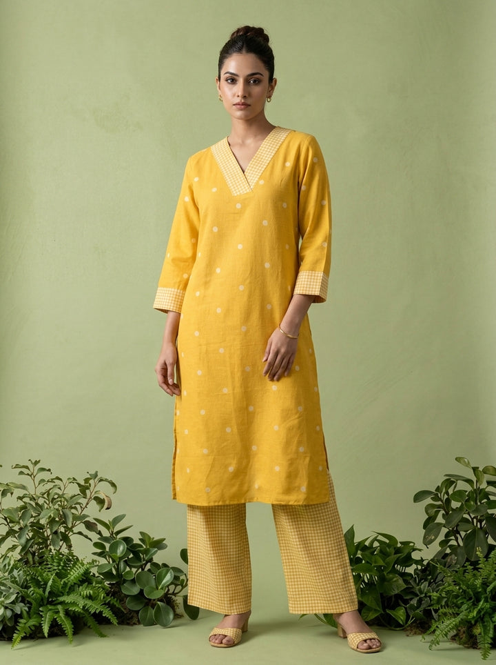 Mustard Cotton Check Printed Two Piece Set