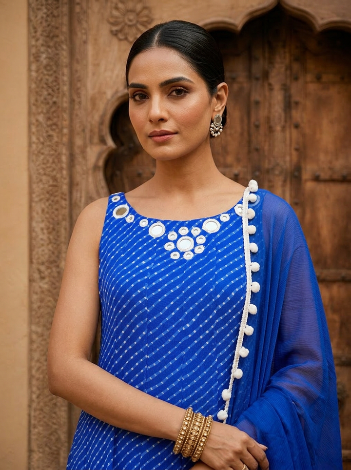 Royal Blue Georgette Leheriya Printed Three Piece Set