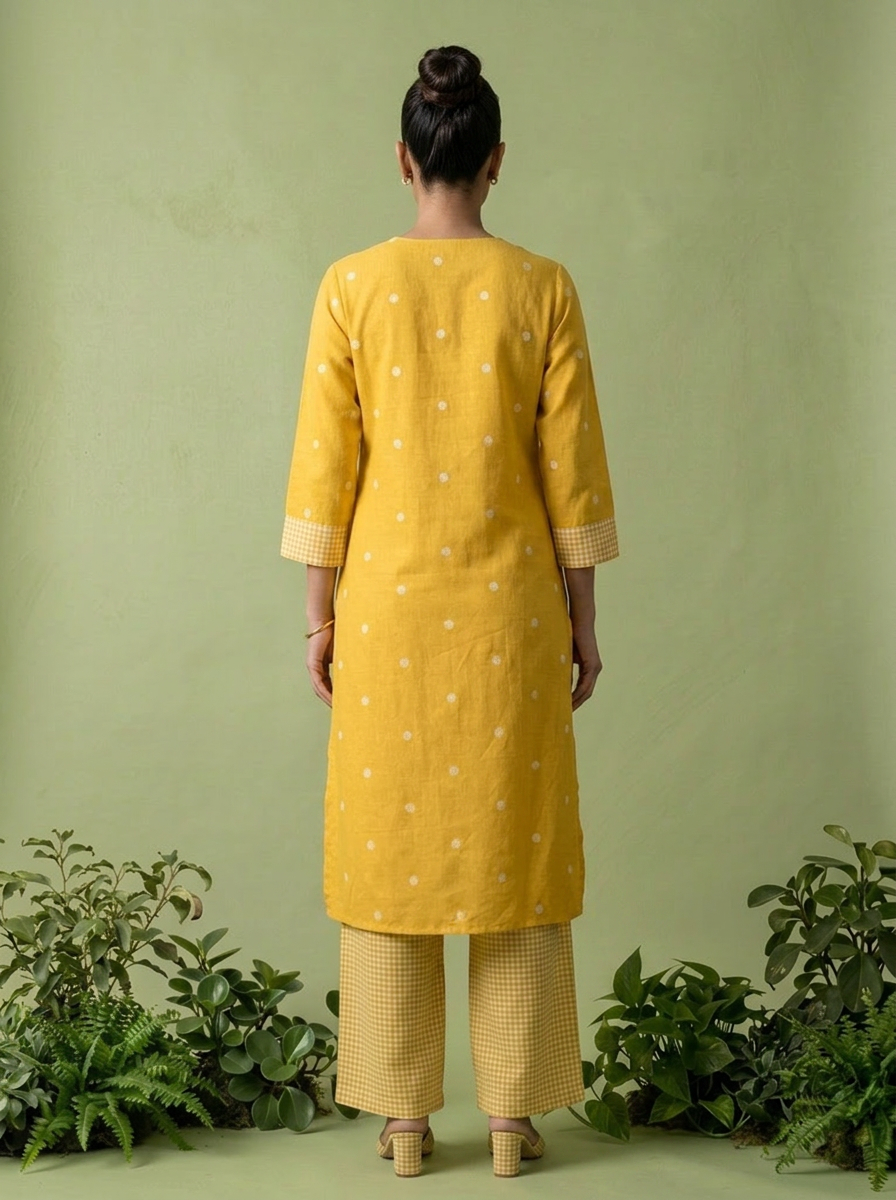 Mustard Cotton Check Printed Two Piece Set