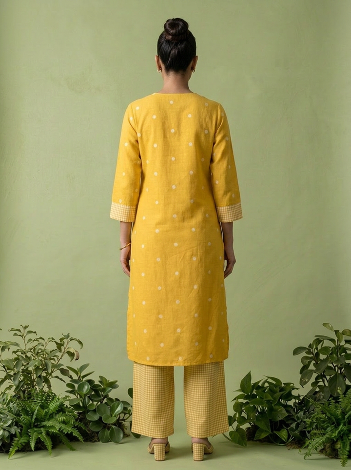 Mustard Cotton Check Printed Two Piece Set