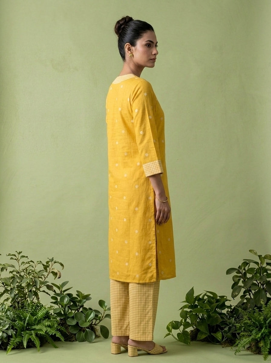 Mustard Cotton Check Printed Two Piece Set