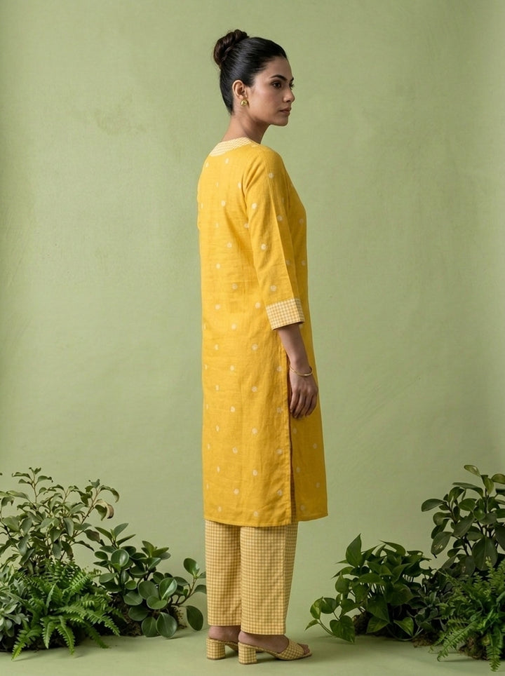 Mustard Cotton Check Printed Two Piece Set