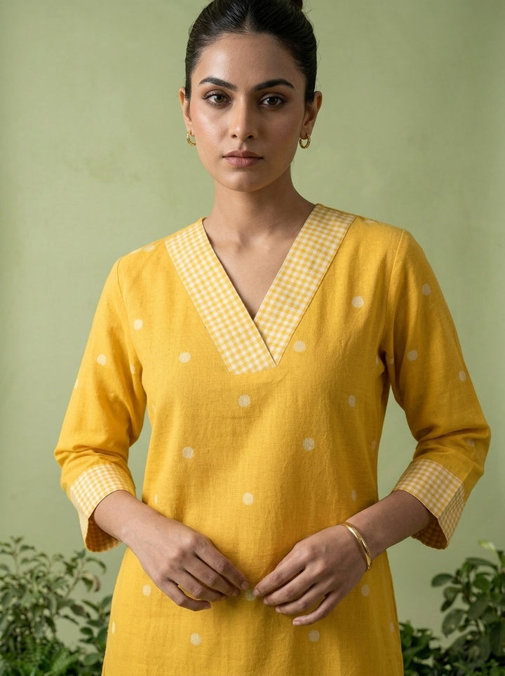 Mustard Cotton Check Printed Two Piece Set