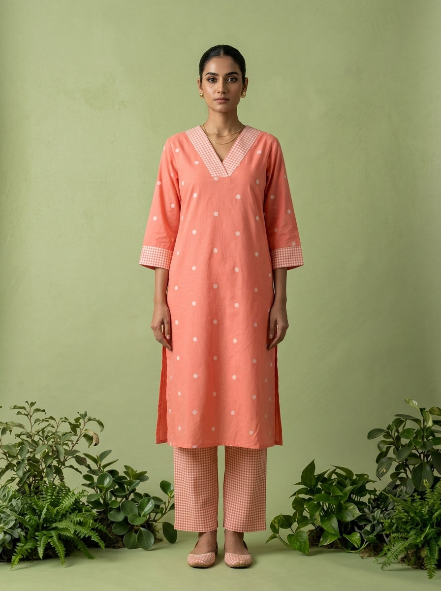 Peach Cotton Check Printed Two Piece Set