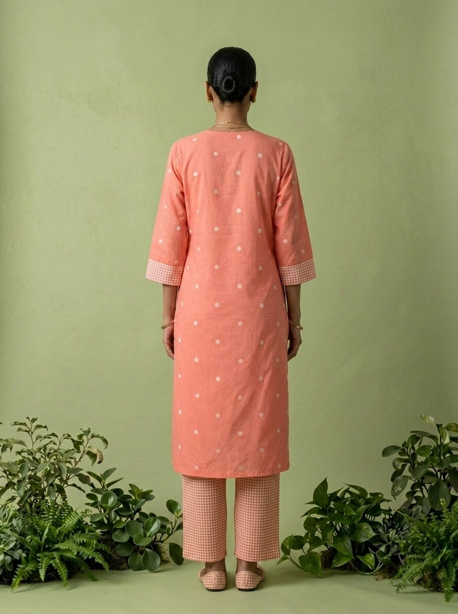 Peach Cotton Check Printed Two Piece Set