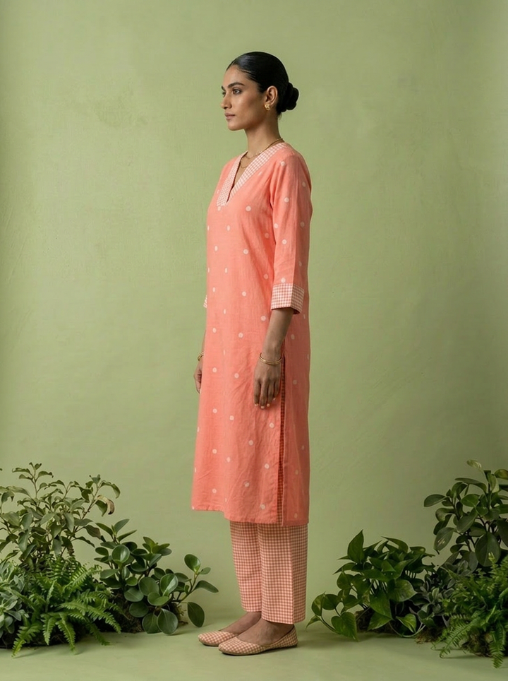 Peach Cotton Check Printed Two Piece Set