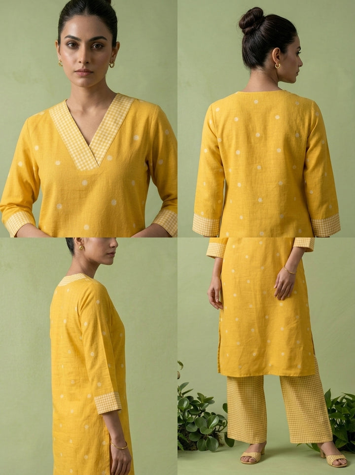 Mustard Cotton Check Printed Two Piece Set