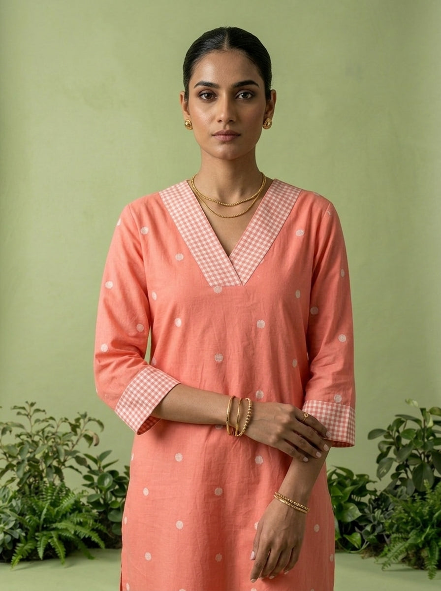 Peach Cotton Check Printed Two Piece Set