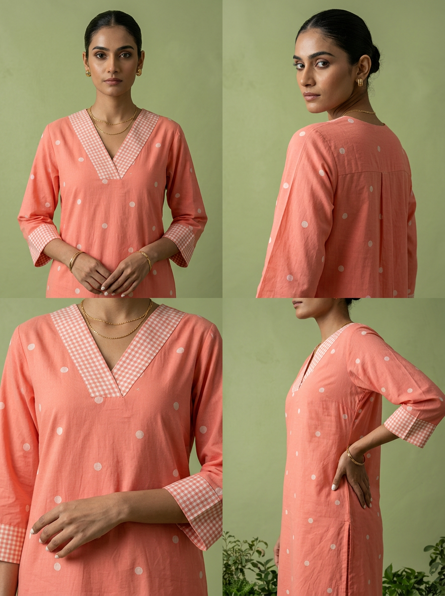 Peach Cotton Check Printed Two Piece Set