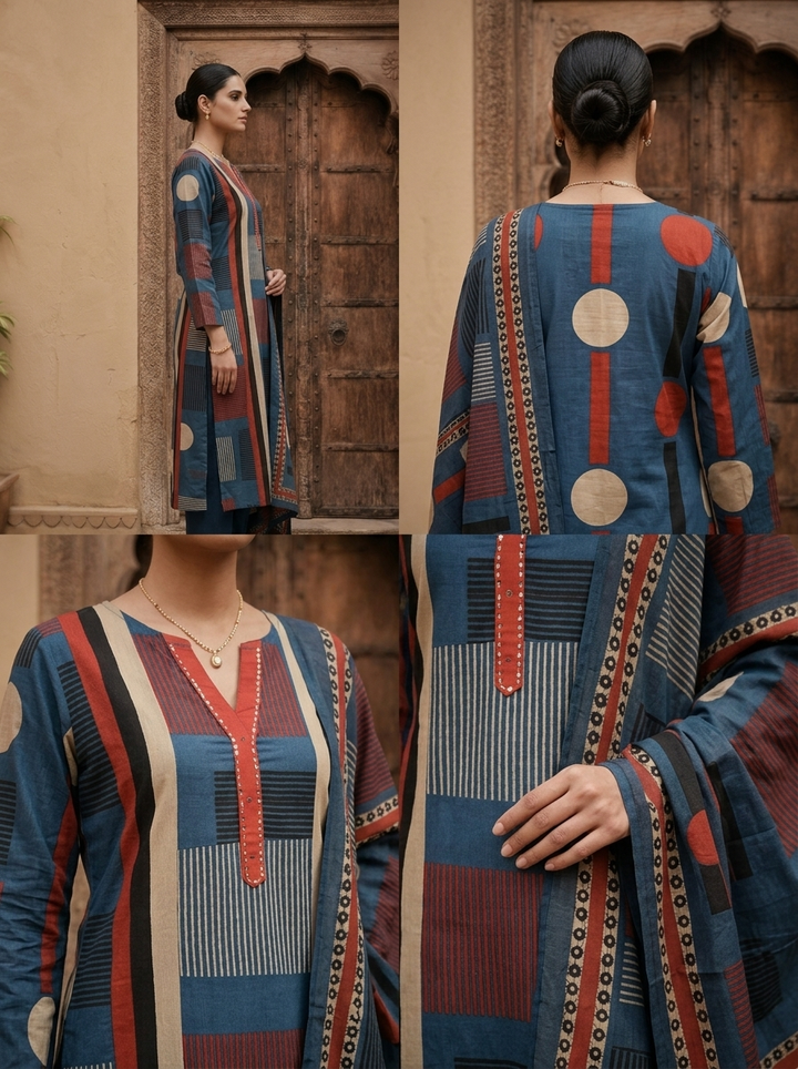 Blue Cotton Ajrakh Printed Three Piece Set