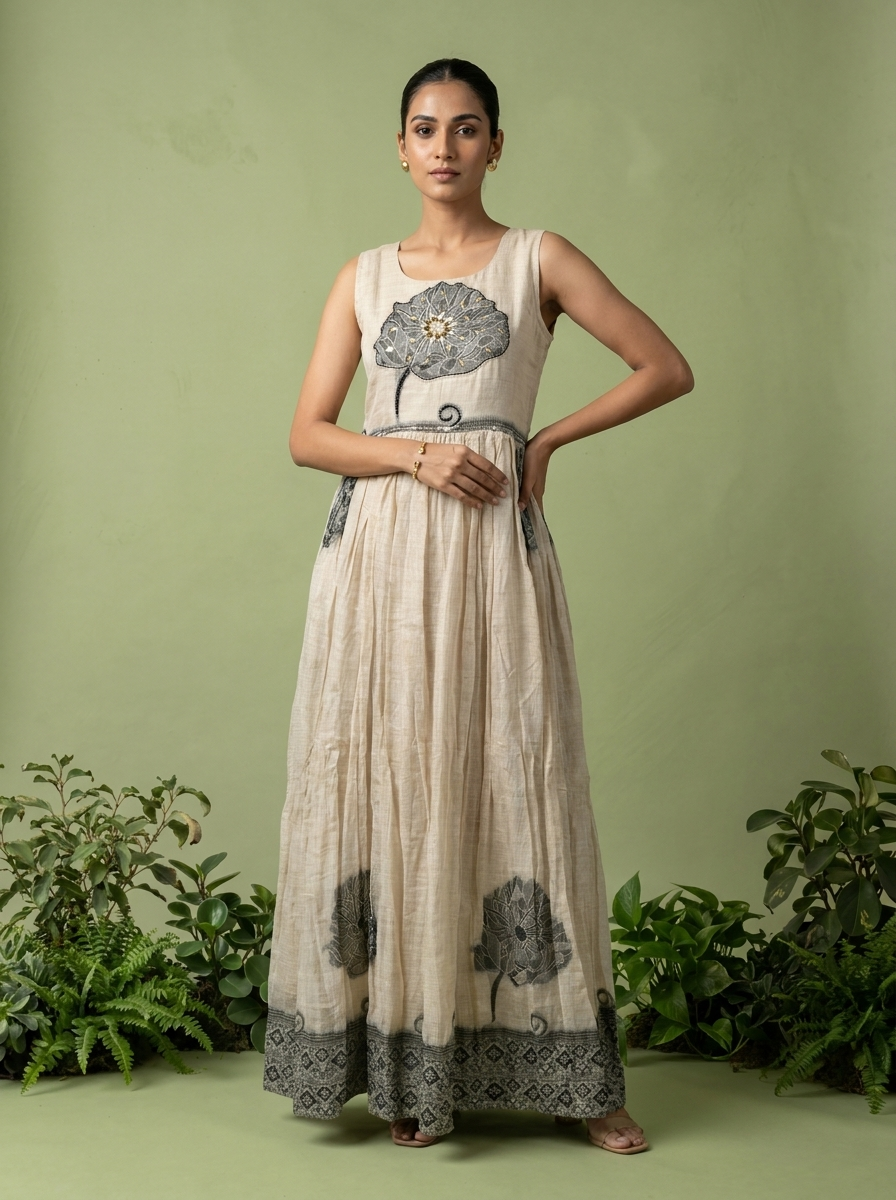 Grey Chanderi Beads And Floral Thread Embroidery Long Dress