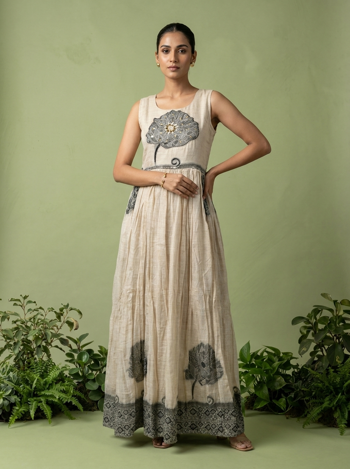 Grey Chanderi Beads And Floral Thread Embroidery Long Dress