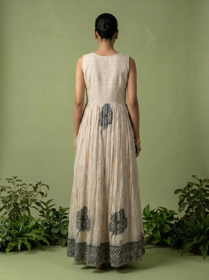 Grey Chanderi Beads And Floral Thread Embroidery Long Dress