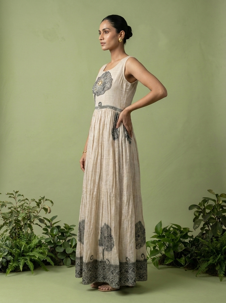 Grey Chanderi Beads And Floral Thread Embroidery Long Dress