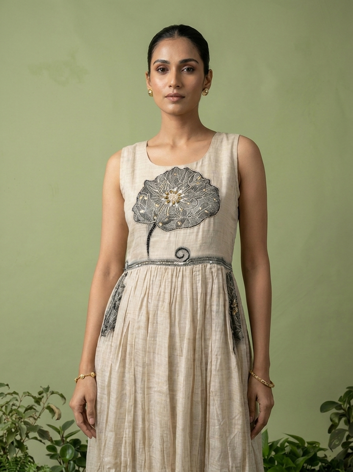 Grey Chanderi Beads And Floral Thread Embroidery Long Dress