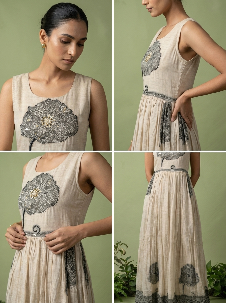 Grey Chanderi Beads And Floral Thread Embroidery Long Dress