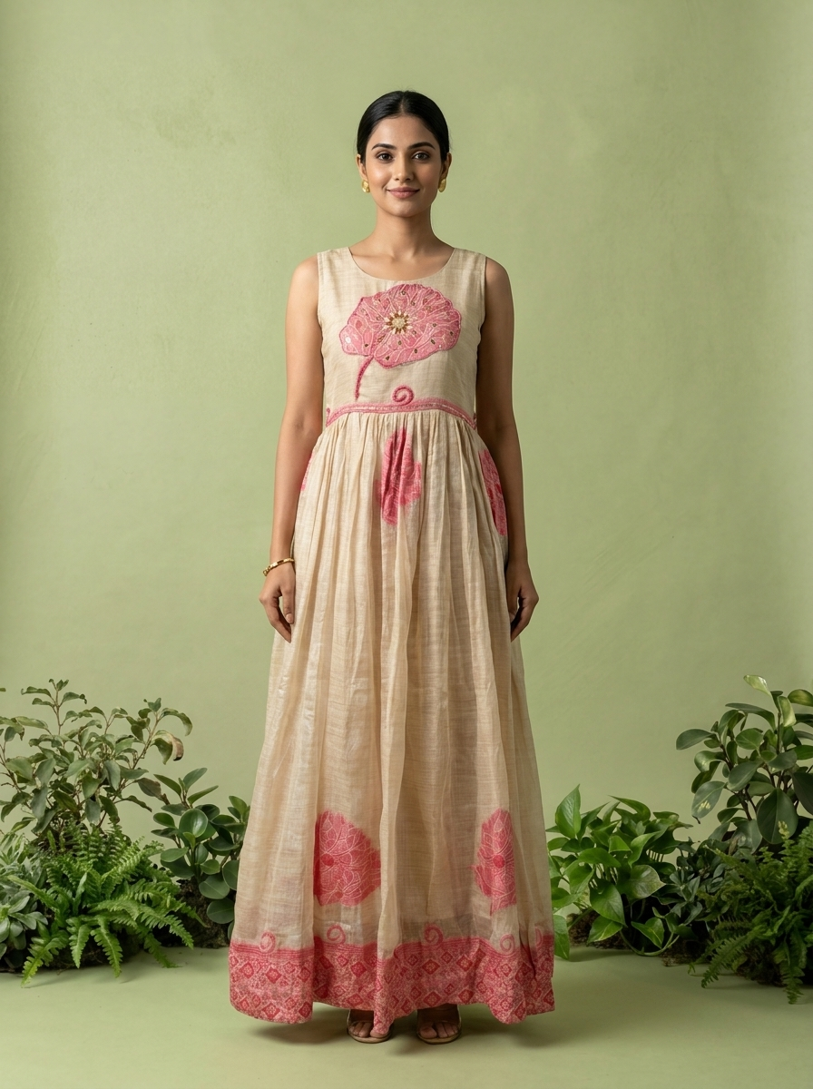 Pink Chanderi Beads And Floral Thread Embroidery Long Dress