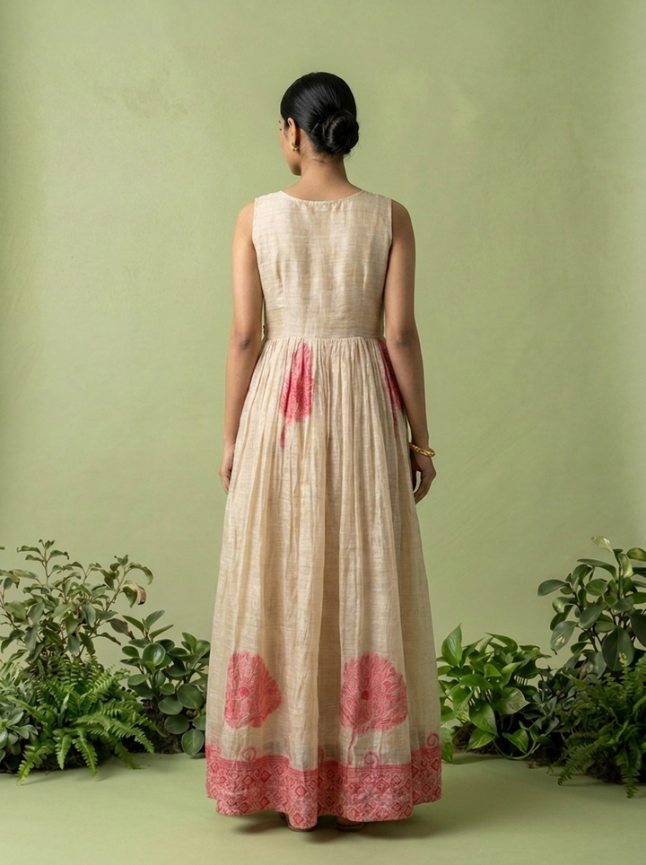 Pink Chanderi Beads And Floral Thread Embroidery Long Dress