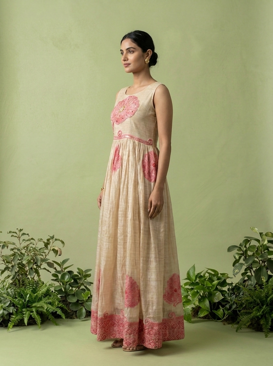 Pink Chanderi Beads And Floral Thread Embroidery Long Dress