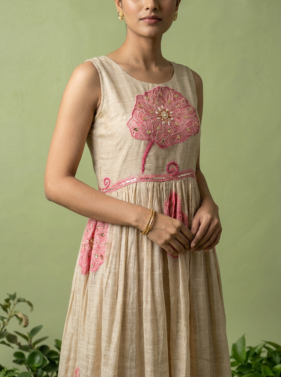 Pink Chanderi Beads And Floral Thread Embroidery Long Dress