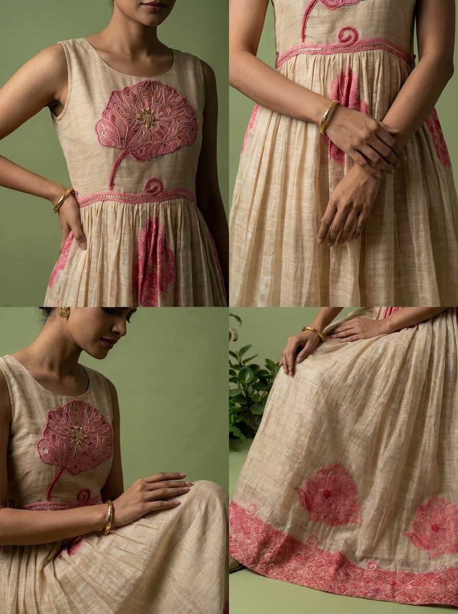 Pink Chanderi Beads And Floral Thread Embroidery Long Dress