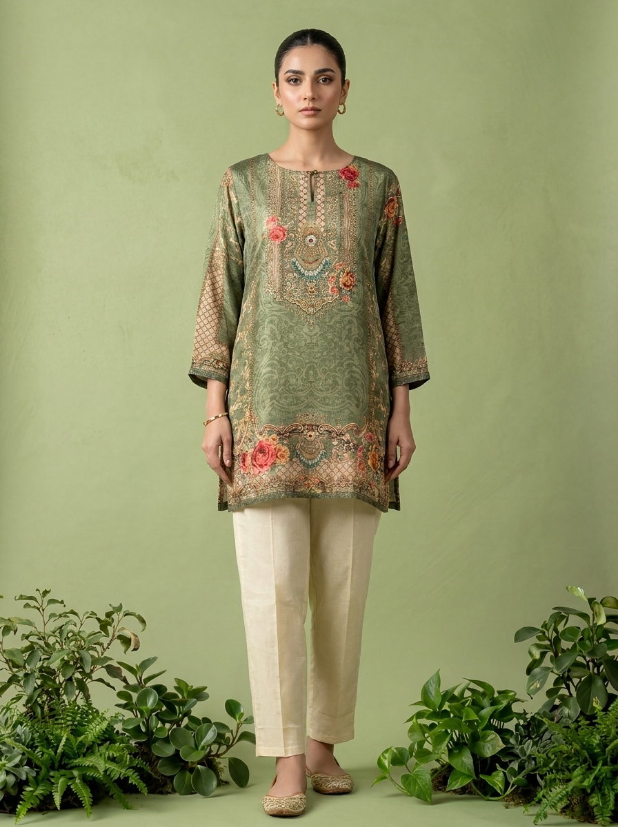 Olive Crepe Floral And Paisley Printed Kurti