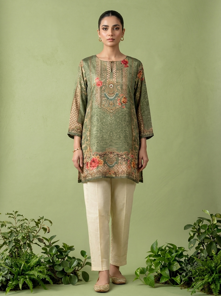 Olive Crepe Floral And Paisley Printed Kurti