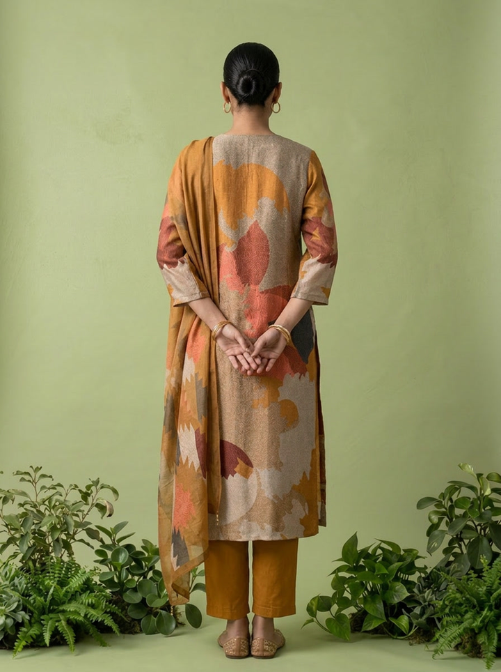 Gold And Beige Rayon Abstract Printed Three Piece Set