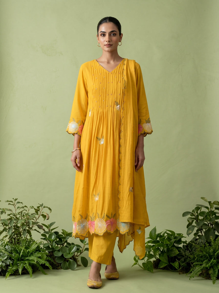 Mustard Muslin Pleated And Floral Thread Embroidery Three Piece Set