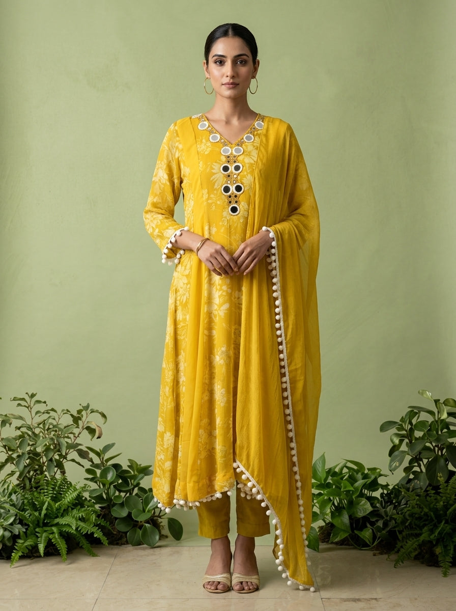 Yellow Georgette Floral Printed And Mirror Embroidered Three Piece Set