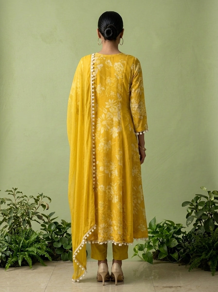 Yellow Georgette Floral Printed And Mirror Embroidered Three Piece Set