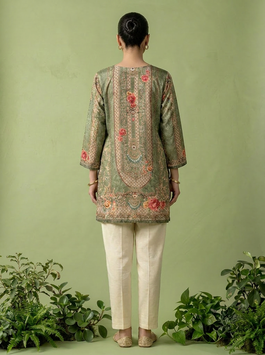 Olive Crepe Floral And Paisley Printed Kurti