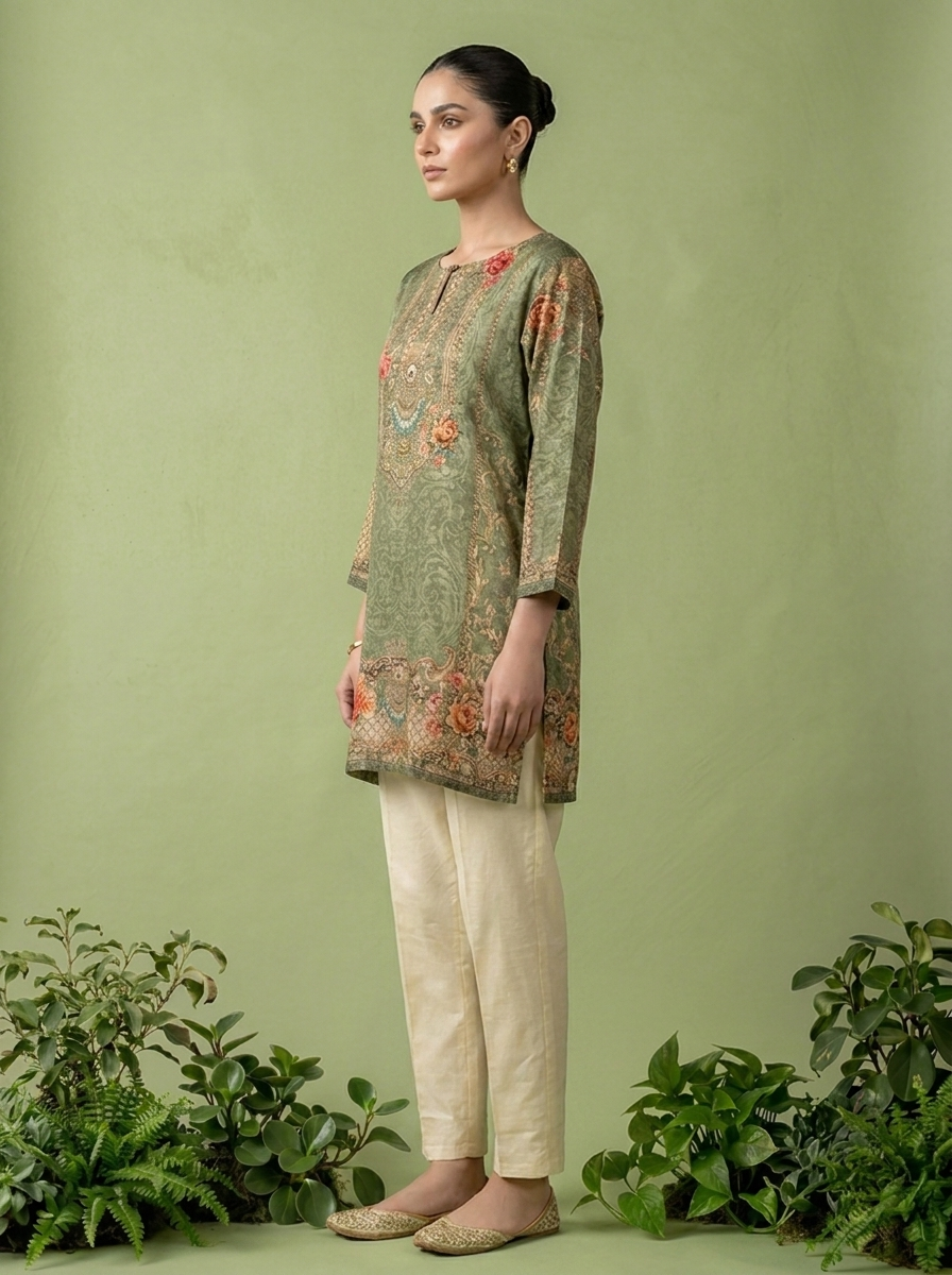 Olive Crepe Floral And Paisley Printed Kurti