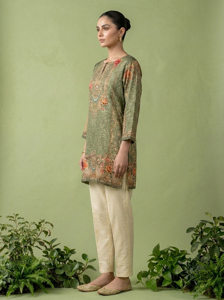 Olive Crepe Floral And Paisley Printed Kurti