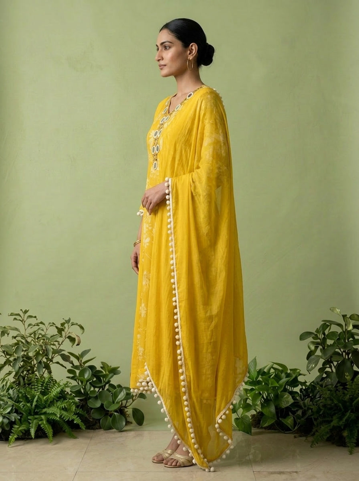Yellow Georgette Floral Printed And Mirror Embroidered Three Piece Set