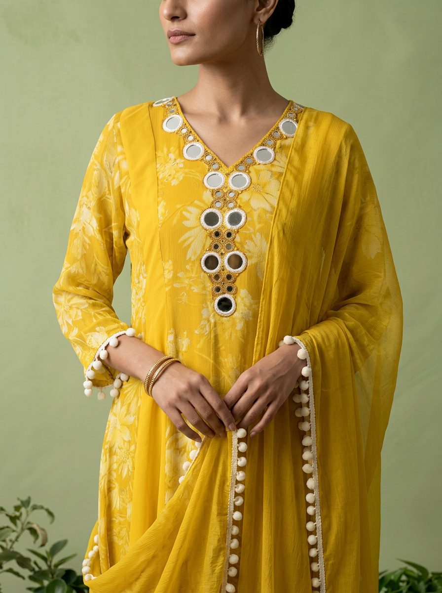Yellow Georgette Floral Printed And Mirror Embroidered Three Piece Set