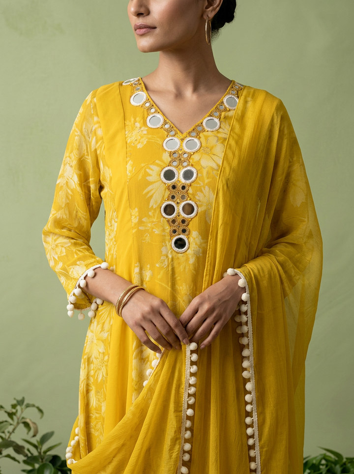 Yellow Georgette Floral Printed And Mirror Embroidered Three Piece Set