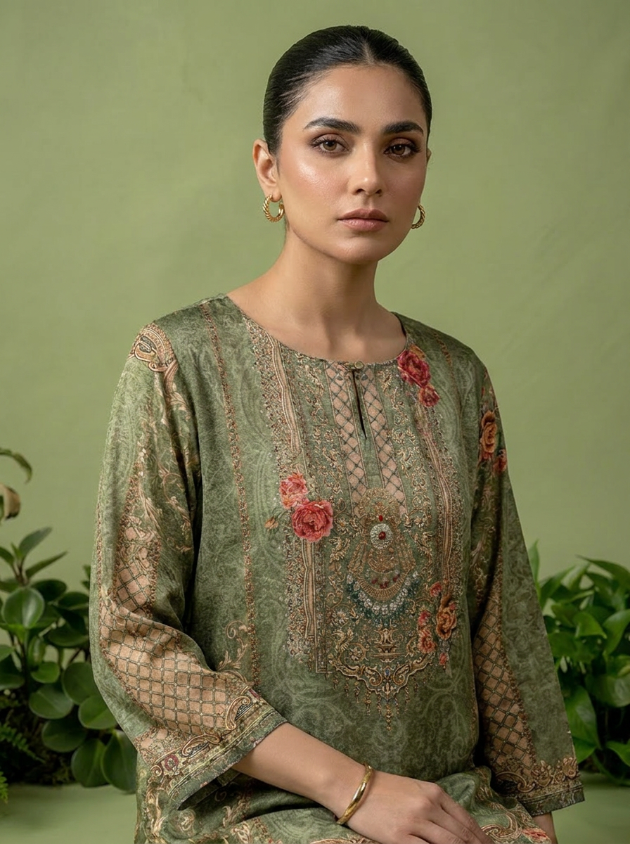 Olive Crepe Floral And Paisley Printed Kurti