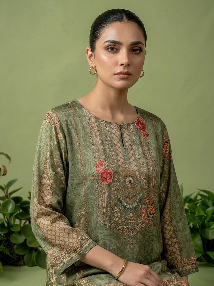 Olive Crepe Floral And Paisley Printed Kurti