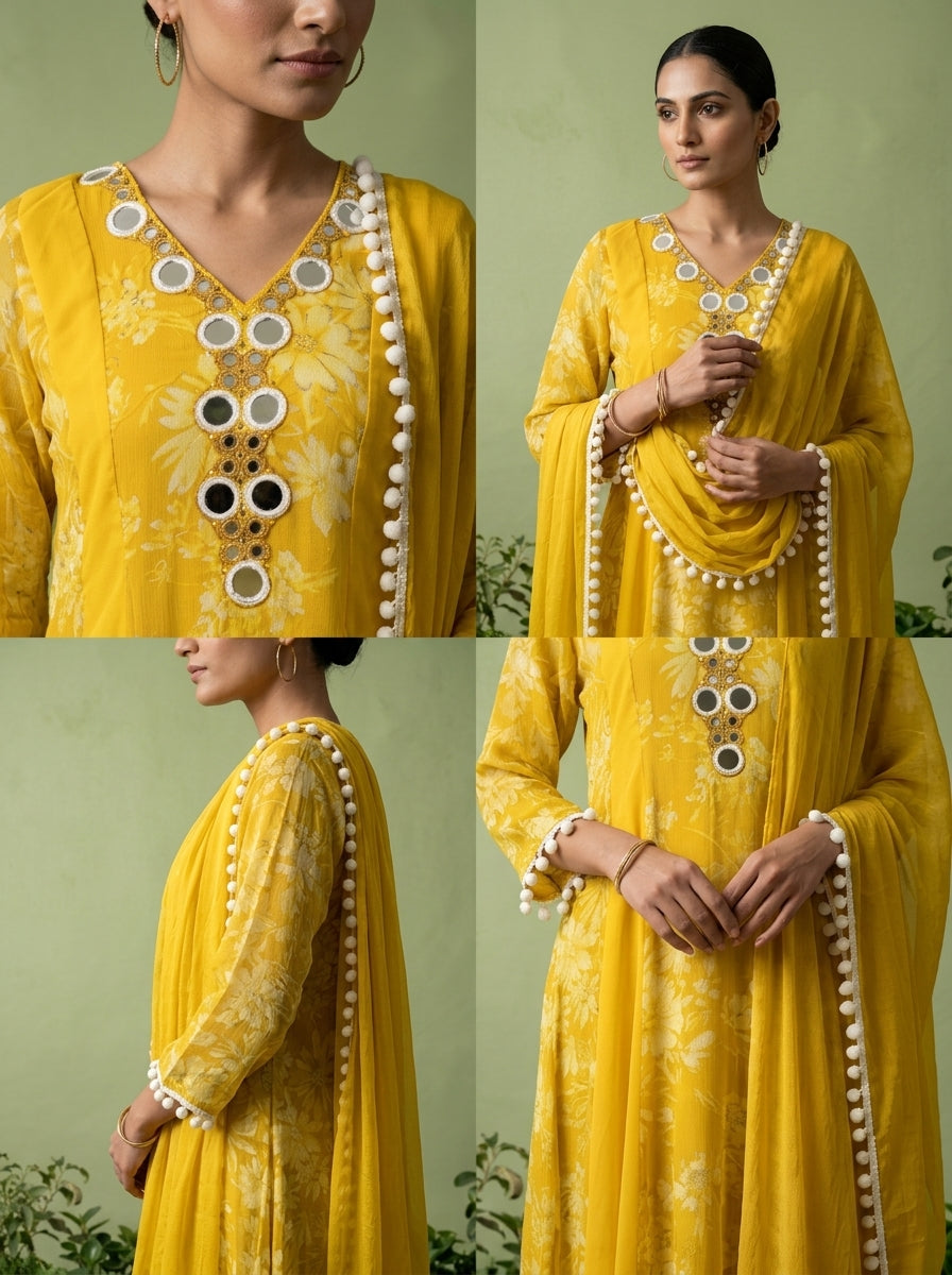 Yellow Georgette Floral Printed And Mirror Embroidered Three Piece Set