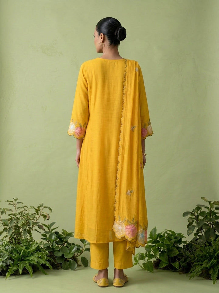 Mustard Muslin Pleated And Floral Thread Embroidery Three Piece Set