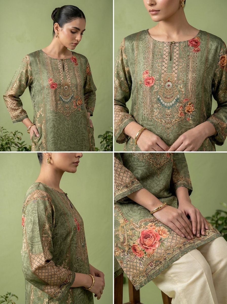 Olive Crepe Floral And Paisley Printed Kurti