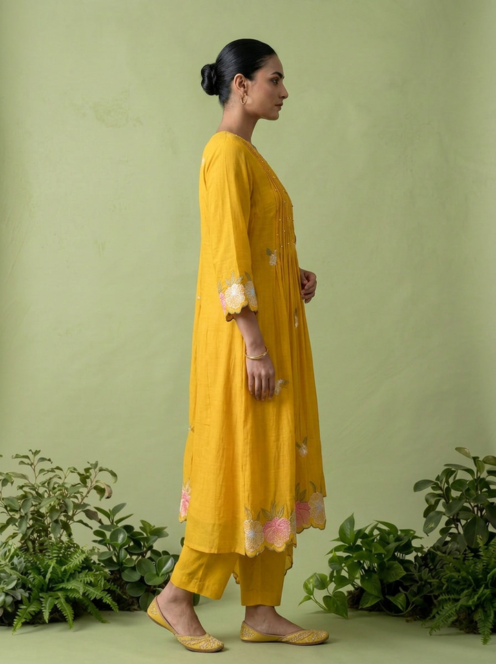 Mustard Muslin Pleated And Floral Thread Embroidery Three Piece Set