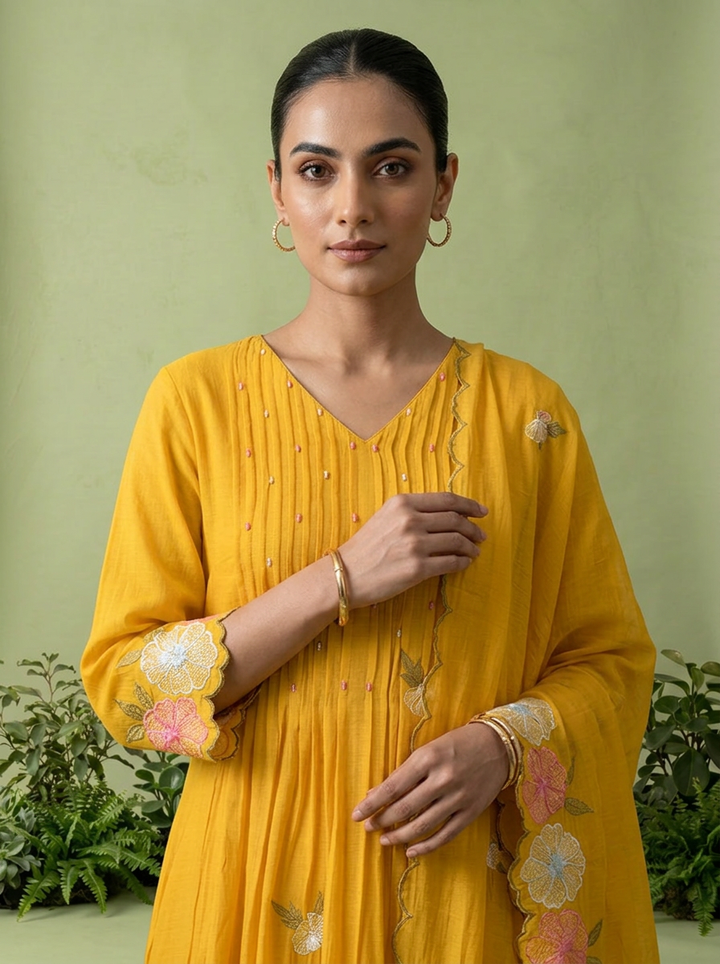 Mustard Muslin Pleated And Floral Thread Embroidery Three Piece Set