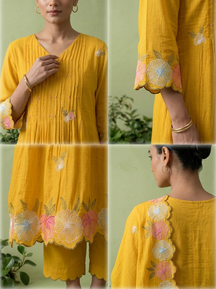 Mustard Muslin Pleated And Floral Thread Embroidery Three Piece Set