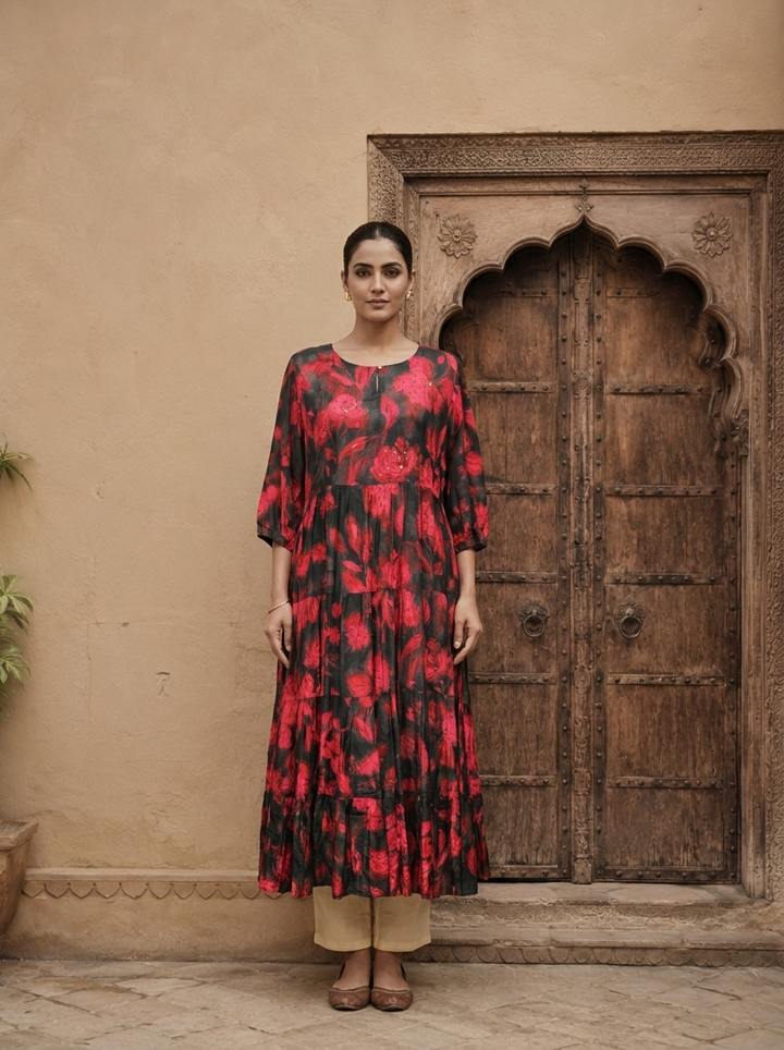Black And Red Crepe Floral Printed Long Dress