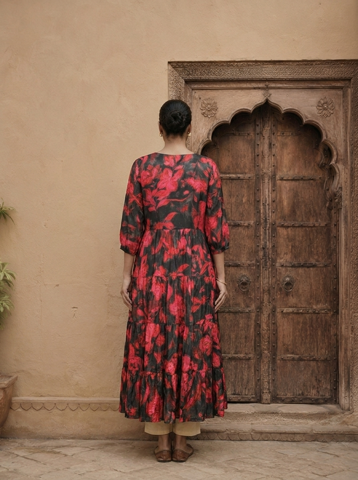 Black And Red Crepe Floral Printed Long Dress