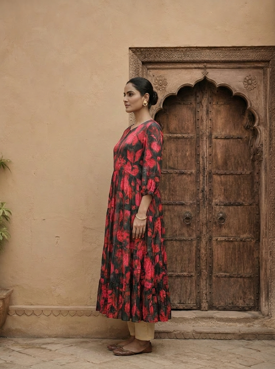 Black And Red Crepe Floral Printed Long Dress