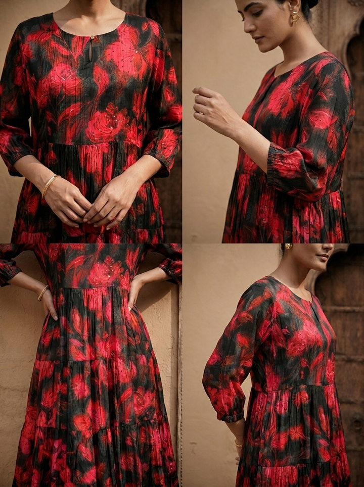 Black And Red Crepe Floral Printed Long Dress